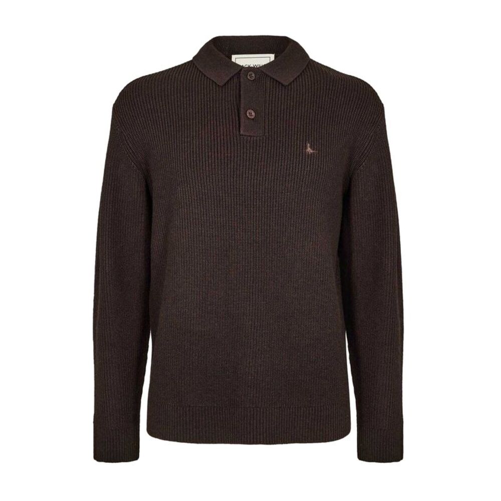 Jack Wills Mens Button Long-Sleeved Polo Shirt / Black Coffee